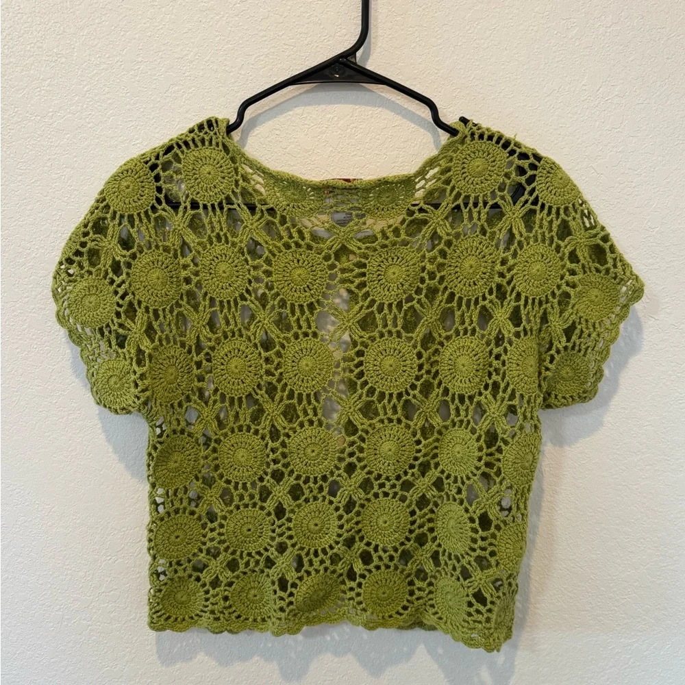 Vintage 90s Boho Crochet Olive Green Open Knit Top - Picture 2 of 7